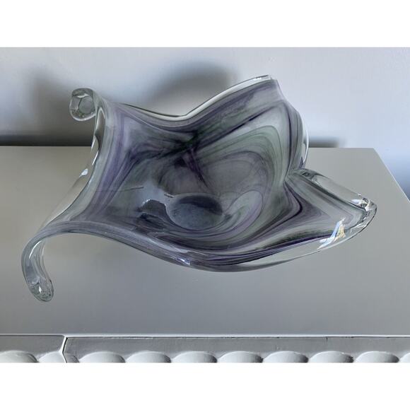 19” Murano Style Handblown Bowl Glass Ribbon Vase Wave Ribbed Purple Green Glass - Picture 16 of 16